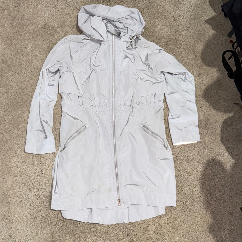 Athleta Rain Drop Silver Hooded Jacket Longline Windbreaker Full Zip